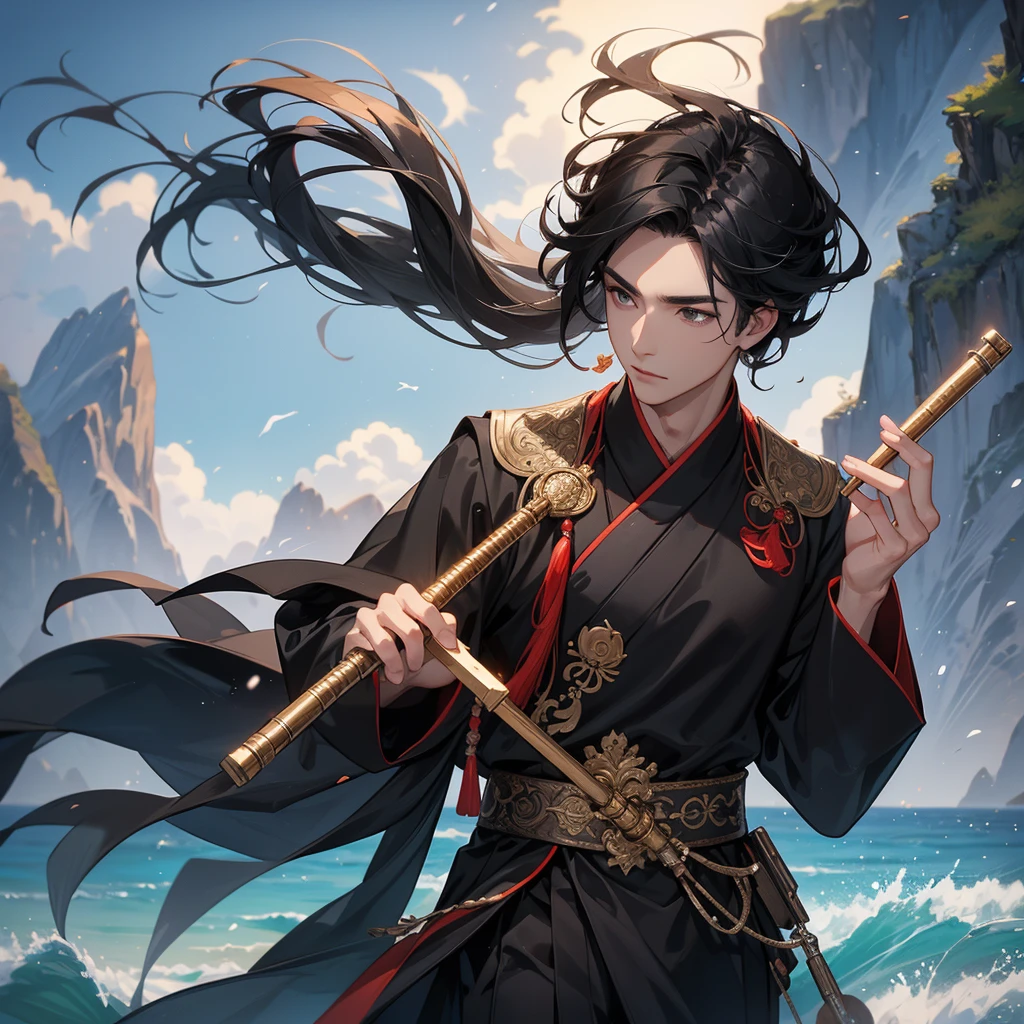Handsome black-haired male in black ancient Chinese costume, close up, Playing a flute, background is the mountains and the sea, low cloud.