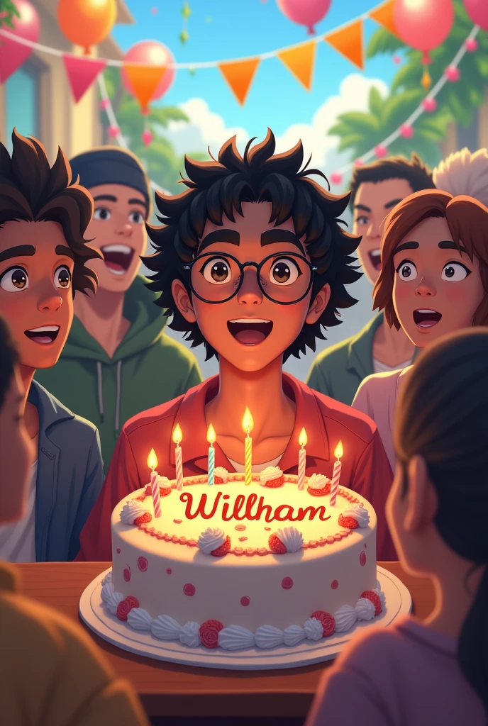 create a birthday image with the 14th, dark-skinned, skinny guy with glasses, with curly hair down black, celebrating your birthday and around you the characters of "naruto" and of the "free fire" singing parabens for him, no enfeitand of the bolo deve conter uma frase em português dizendo "Happy Birthday William". generate the image with the same graphics as the first creation.