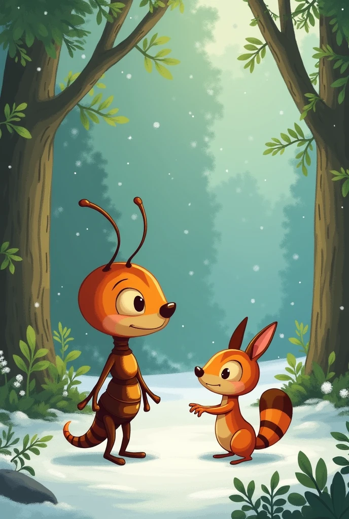 Creates 5 images about this story
Once upon a time, in a lush green forest, there lived a little ant named Andy. Andy was tiny but known throughout the forest for his wisdom and hard work. Every day, Andy could be seen carrying tiny bits of food back to his anthill, tirelessly preparing for the winter months.
One sunny day, a playful squirrel named Sammy noticed Andy carrying a heavy grain of rice. "Why do you work so hard, Andy?" Sammy asked. "It's such a beautiful day! You should be playing like the rest of us."
Andy smiled and replied, "I'm storing food for the winter. When the snow comes, there will be no food, and I'll need these grains to survive."
Sammy laughed, "Winter is far away! You worry too much, Andy. Come play with us instead!"
But Andy shook his head, "It's important to be prepared, Sammy. Hard work now means I won’t have to worry later."
As the days passed, the weather started to change. The warm, sunny days turned into chilly nights, and soon, the first snowflakes began to fall. The once lively forest became quiet and covered in snow. The animals who had spent their days playing were now cold and hungry.
Sammy, shivering in his nest, remembered Andy and decided to visit him. When he arrived at the anthill, he found Andy warm and cozy inside, surrounded by the food he had worked so hard to collect.
"Andy, you were right," Sammy said, ashamed. "I didn’t prepare for the winter, and now I’m cold and hungry. Can you help me?"
Andy, with his kind heart, shared his food with Sammy and said, "It’s never too late to learn, Sammy. Hard work and patience always pay off in the end."
Sammy learned a valuable lesson that day. From then on, he made sure to work hard and prepare for the future, just like his wise friend Andy. And the animals of the forest all learned the importance of planning ahead and being diligent in their effort