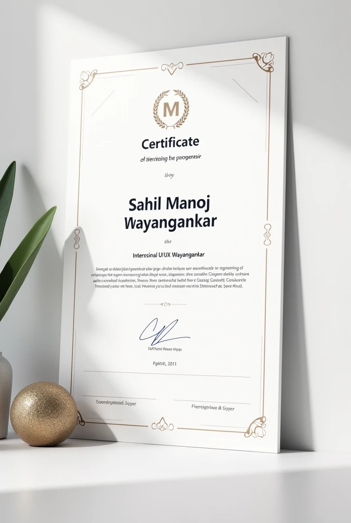 Generate a certificate of internships in UI/ux design that of 240 hours name sahil Manoj wayangankar