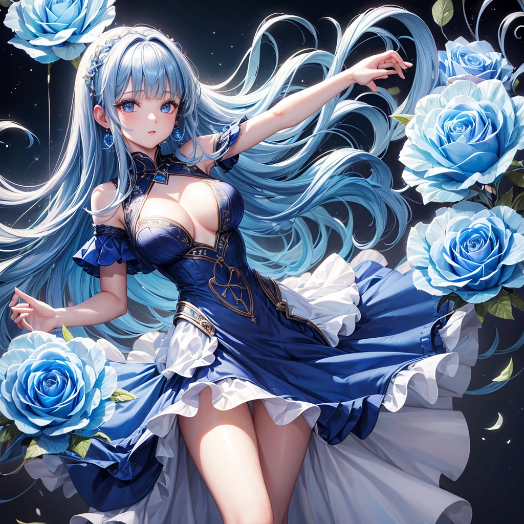 ((Highest quality)),(Ultra-high resolution),A dress with a flared skirt made of deep blue roses,Highly detailed CG Unity 8k wallpaper, , Earrings, Blue hair, Curly Hair, Blunt bangs, Straight bangs, Blue eyes, White skin, Gal, Improve、Her flat chest is hidden by her dress