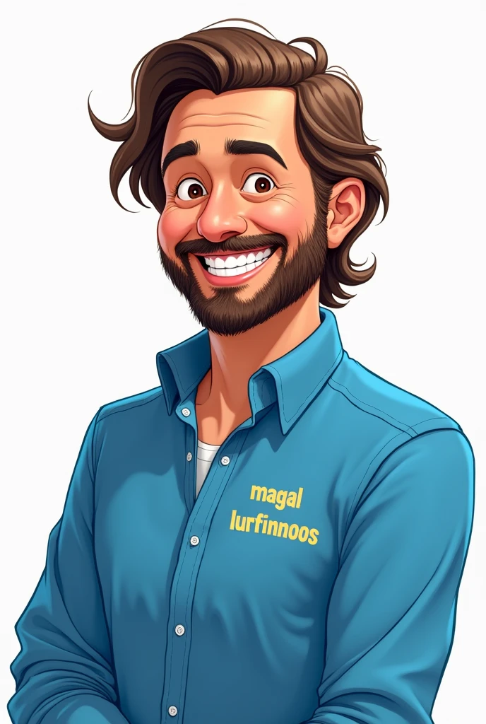 Disney style drawing of a man with a blue shirt, medium wavy straight brown hair and beard, with a shirt written "Magalurufinoos", smiling and looking at the camera.