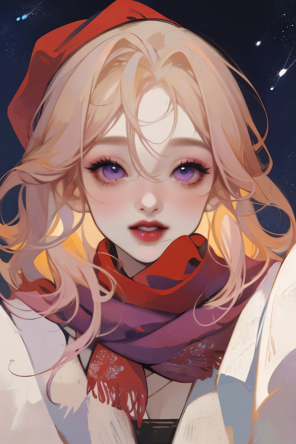 1 Girl, Ahog, Bangs, Blonde Hair, Blow a Kiss, blue eyes, blue scarf, brown scarf, cleveage, Shut up, eyelash, Face, Flowing hair, Hair between the eyes, Heart, Lips, Lipstick, Long hair, Looking at the audience, cosmetic, night Sky, nose, Close one eye, orange scarf, pink Lips, pink scarf, portrait, Purple Eyes, Practical, red Lips, red scarf, scarf, sign, Smile, Solitary, space, spoken Heart, Star (Sky), Starry Sky, Upper Body, Watermark, yang xiao long, yellow scarf