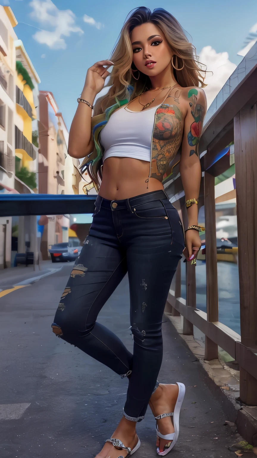 (obra maestra), mejor calidad, (professional photography:1.2), (High Definition:1.3), desde arriba,1 chica, africana, negra, 18 year old skinny muscle girl, boca abierta,arms behind the back, (Topless), shorts de mezclilla, gargantilla, (pintada:1.5), pelo largo muy desordenado, salpicadura de pintura, contra la pared,, brazalete, correa del muslo, (a lot of paint on the body), nod, (sonrisa maligna), pelo multicolor, (ojos brillantes), auriculares, ojos azules penetrantes, posando seductoramente, dedo de camello, looking to the camera
