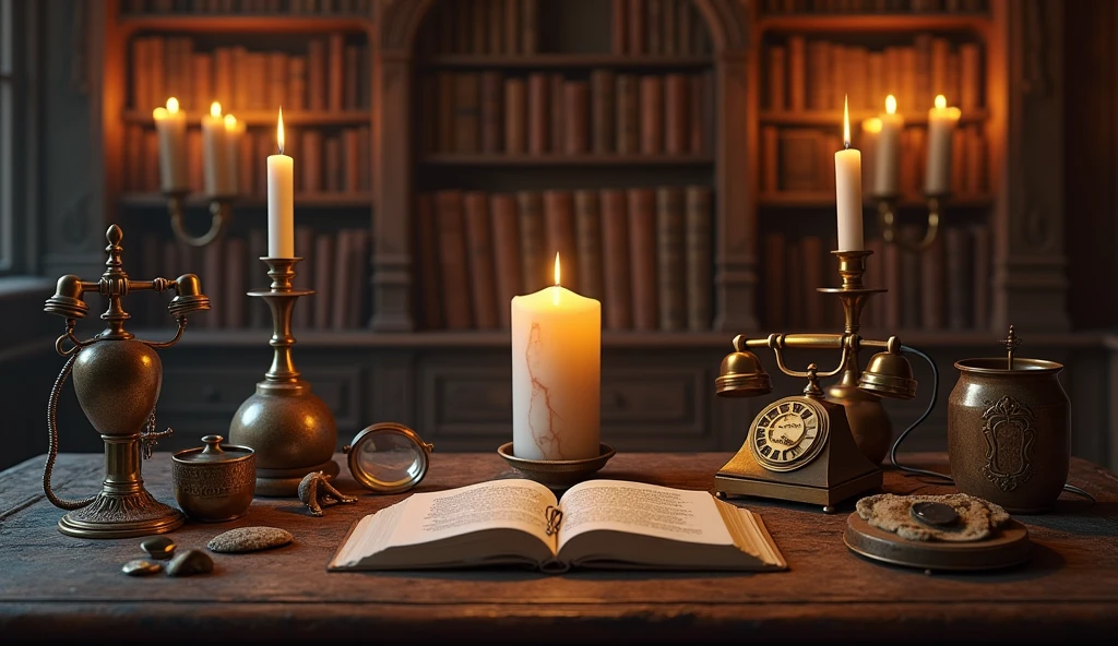 There is a candle and some vintage items on both sides of the table，Vintage telephone、magnifier、Glasses and other vintage items，Keep the middle of the desk blank 、Alchemist&#39;s Library Background, Magic Library, Exquisitely detailed miniature model, ancient library, Detailed scenery —width 672, High Detail photo, Small Library, Fantasy Alchemist&#39;s Laboratory, High Detail), gothic library, Ultra-detailed pictures, The wizard's apothecary, Gothic Epic Library, Magician&#39;s Chamber，Warm light atmosphere