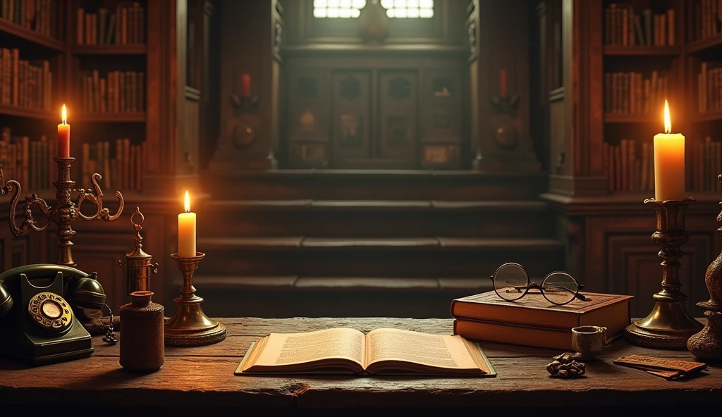 There is a candle and some vintage items on both sides of the table,Vintage telephone、magnifier、Glasses and other vintage items,Keep the middle of the desk blank 、Alchemist's Library Background, Magic Library, Exquisitely detailed miniature model, ancient library, Detailed scenery —width 672, High Detail photo, Small Library, Fantasy Alchemist's Laboratory, High Detail), gothic library, Ultra-detailed pictures, The wizard's apothecary, Gothic Epic Library, Magician's Chamber,Warm light atmosphere