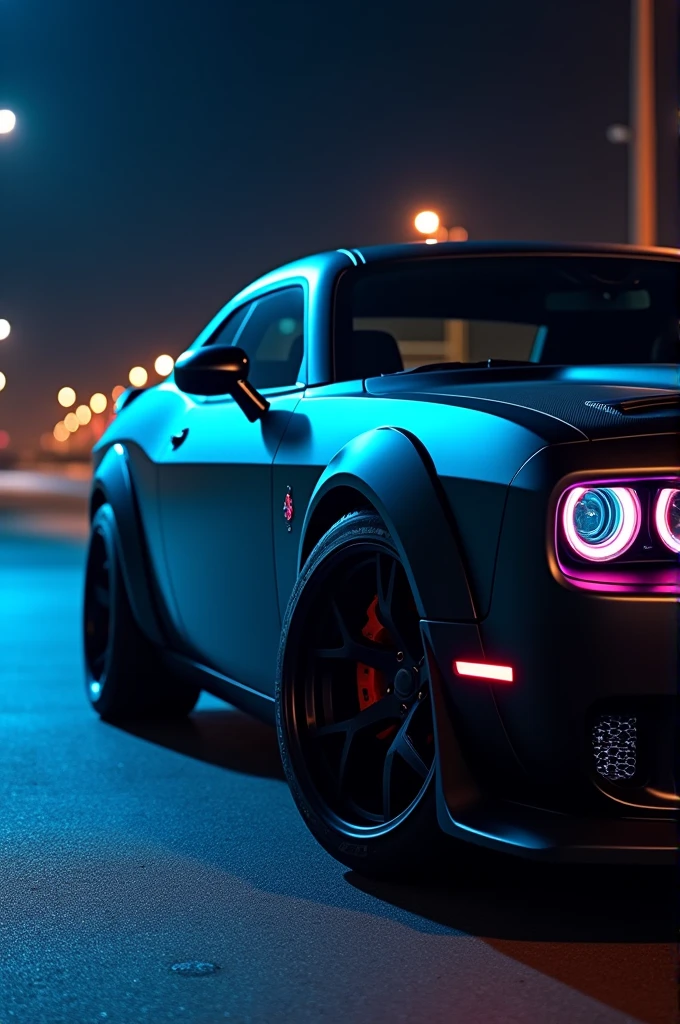 Dodge challenger hellcat redeye with mate black with carban emission at neo blue night background right side of car view