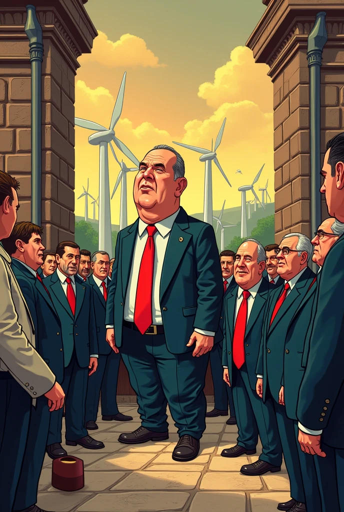 Let's create a cartoon about a historical park in Bulgaria, where the boss has an obsession with grandeur and his subordinates are ready to die for him, regardless of the fact that he manipulates them financially by taking their money, lying to them about how wind turbines are dangerous and they will kill the population and nature