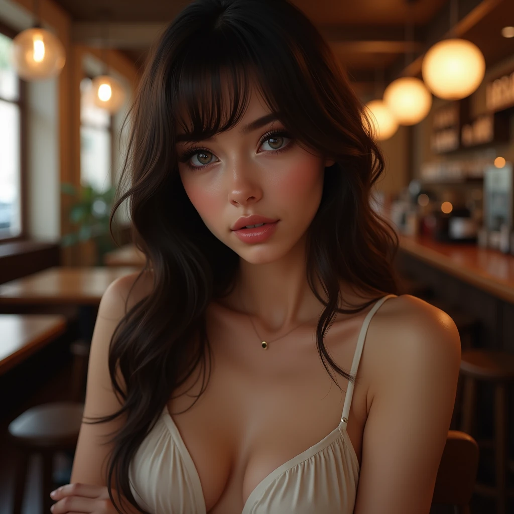 full body, 1Girl 30 years, Long hair , looking down at viewer, skin very textured, dark brown hair, bangs, bare shoulders, grey eyes, full entire breast, off shoulders, lips, photorealestic, nose, at a coffee shop, flirting with the camera, complicated, Elaborate,