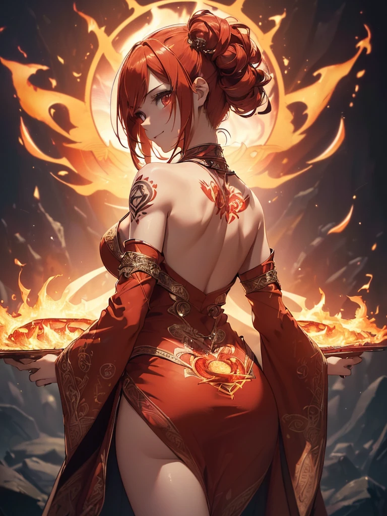 (((best quality, sharp image, clear image, cinematic lighting, 8k resolution, masterpiece, ultra detailed, intricate))) Girl, ((shot from behind)), ((close up)), look at viewer, fire mage, ((intricate background)), ((chaotic background)), red hair, smiling, ((flame runes, flame sigils)), (tatoo on back), slim figure, flying sigils, long dress, cute