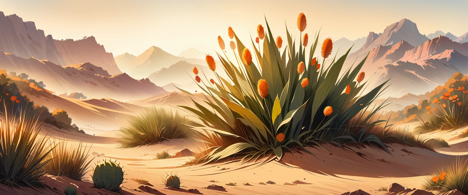 cactus flowers in the greatly beautiful desert scenery, Whimsical plant life, Extraordinary, mystical light over the scene, Fantastical ambiance by Jillian Tamaki and Emily Carr, 3d rendering, (((minimal still life))), surreal still life, (((((hyper-realistic))))), 8k, best quality, masterpiece, volumetric lighting, global illumination, highly detailed clean, ultra sharp focus, (((exquisite))), serene, tranquil, glow, mysterious, elegance, fantastical, symmetry, behance contest winner, featured on unsplash, Calligraphy