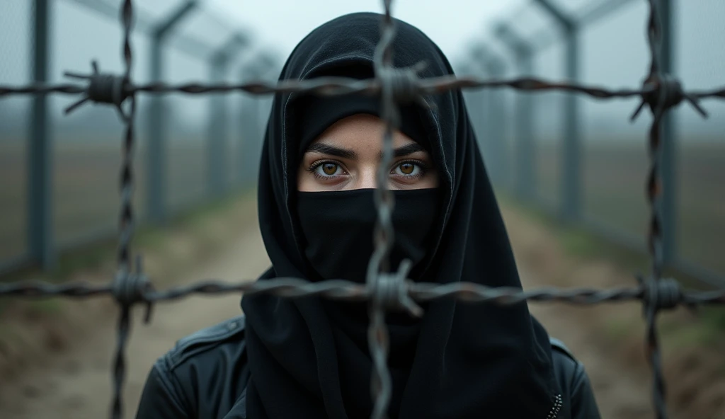Young Muslim woman, wearing a thin black jacket, ((her face and head are covered by a black scarf)) standing behind a barbed wire fence, ((big beautiful eyes))