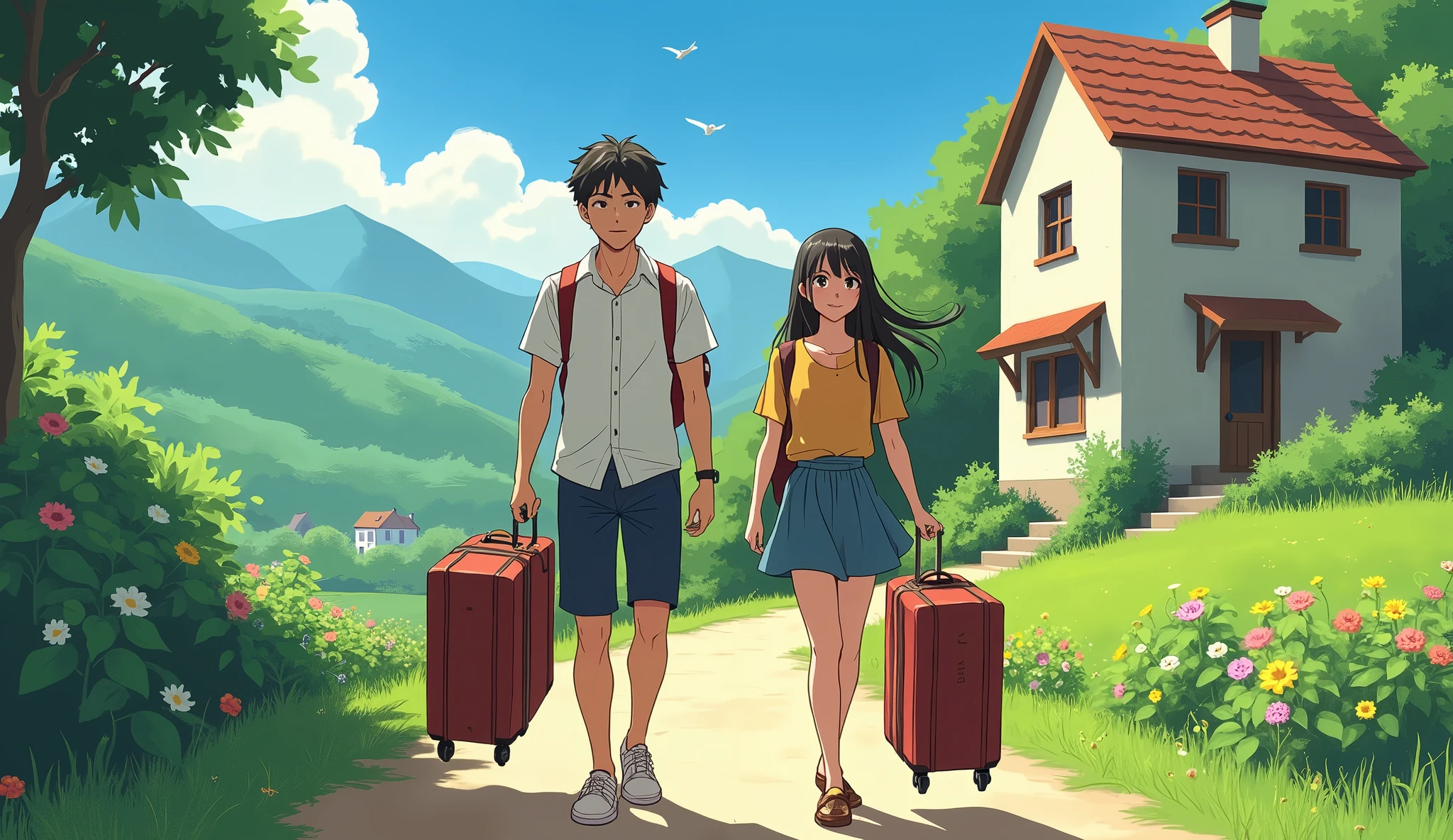 a young man and a young woman leaving the house with suitcases and backpacks, animation with high consistency, art style like studio ghibli