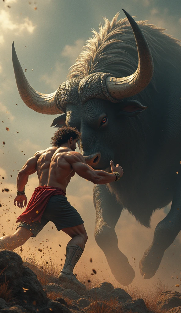 a muscular male figure, detailed anatomy, powerful pose, hercules fighting the cretan bull, intricate details, dramatic lighting, epic fantasy, rich colors, cinematic composition, highly detailed, 8k, photorealistic, masterpiece, digital art, concept art