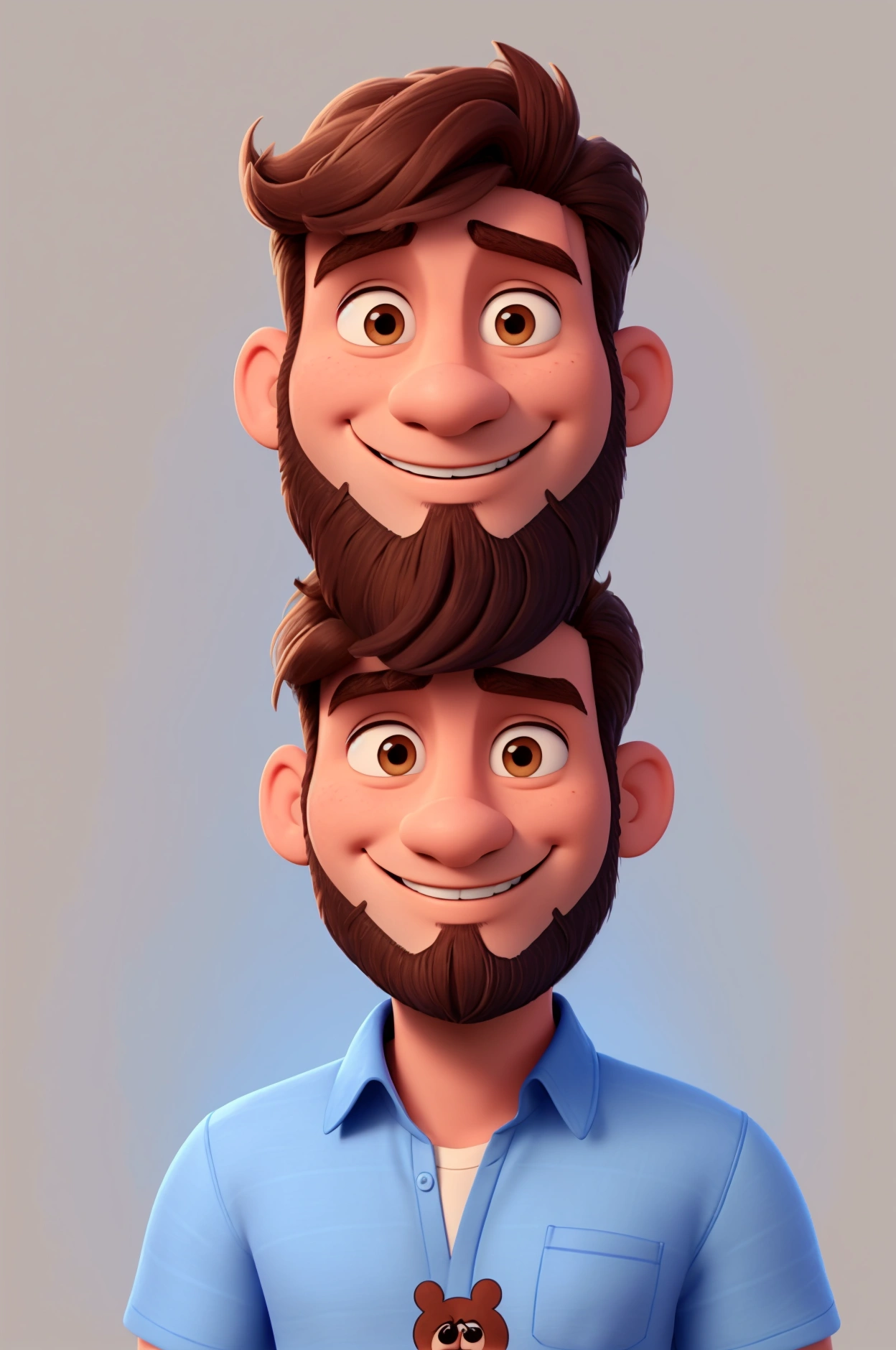 Disney style drawing of a man with a blue shirt, medium wavy straight brown hair and beard, with a shirt written "Magalurufinoos", smiling and looking at the camera.