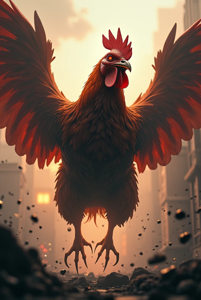 A demonic chicken, with enormous anger flying and destroying everything, 真实感
