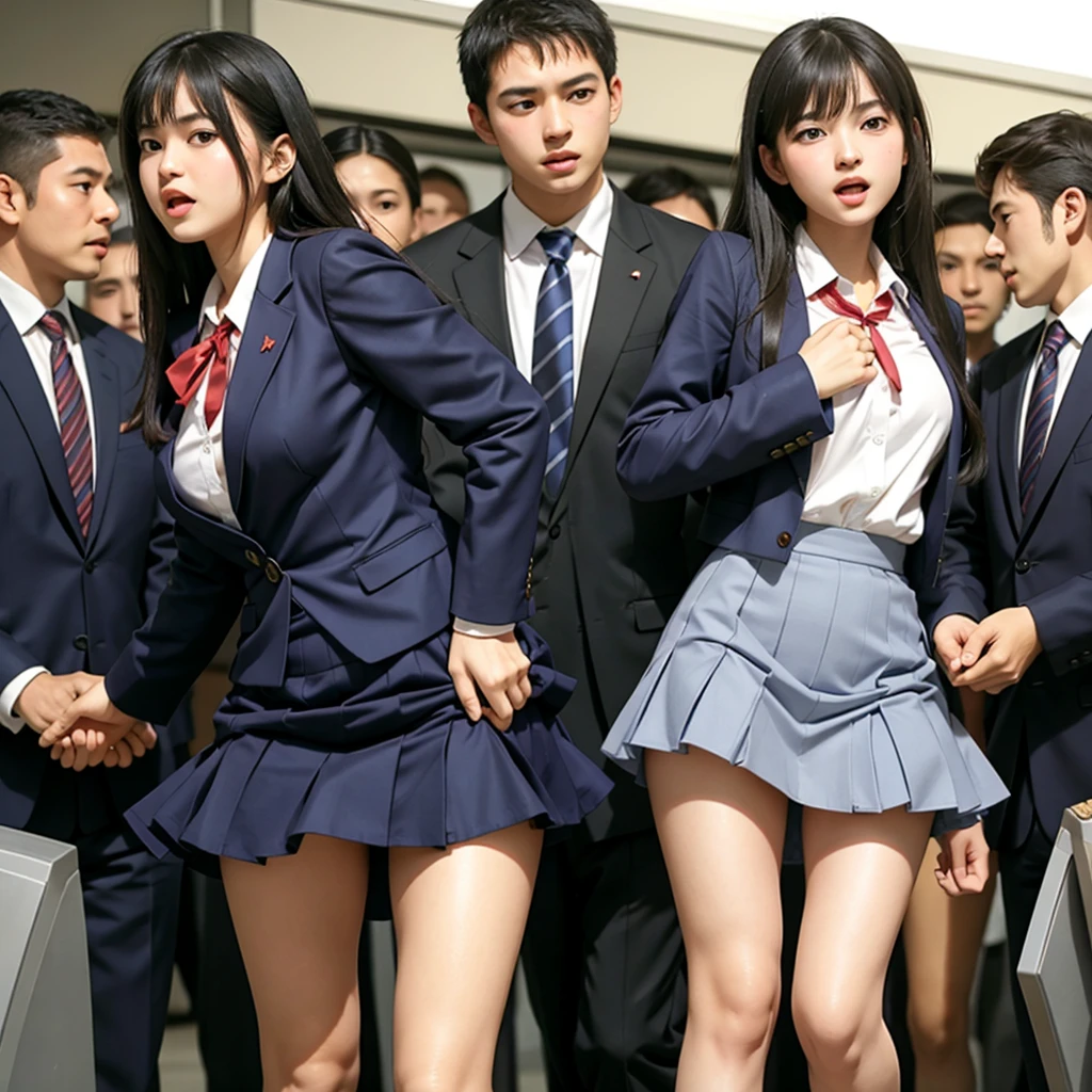 A beautiful innocent girl surrounded by excited high school boys, On the way to school, Beautiful woman like an idol, She screams with her mouth open in shame after being molested in public and watched from close range, A high school boy strips her of her school uniform and skirt, A high school boy grabs my breasts from behind, A high school boy touches my crotch, Anatomically correct, Being molested by a group of men, Fleeing, Staring at the audience, Beautiful black hair, Being sniffed at close range by a group of men, blush, Increased sensitivity, Beautiful Eyes, Ultra high definition, Slender body, Japanese, Inner thighs