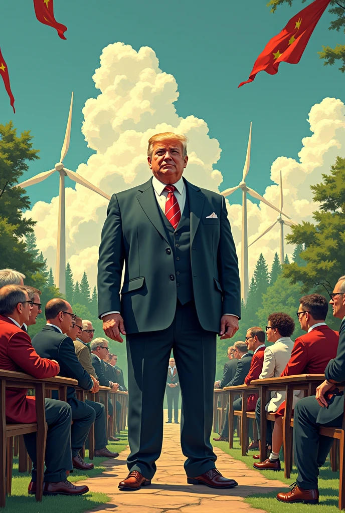 Let's create a cartoon about a historical park in Bulgaria, where the boss has an obsession with grandeur and his subordinates are ready to die for him, regardless of the fact that he manipulates them financially by taking their money, lying to them about how wind turbines are dangerous and they will kill the population and nature