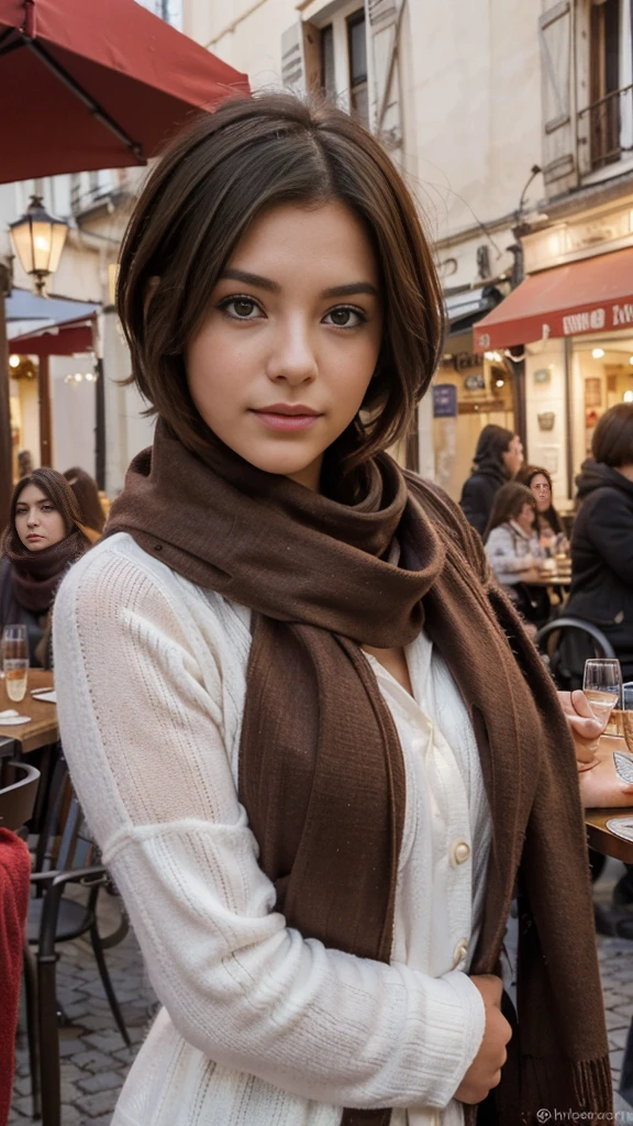 (girl, model, short hair, completely brunette hair, Wear against cold, red scarf, French cityscape, Open Cafe Terrace, Travel Photography, surreal, Selfie Pose),(figure, High resolution, Bright colors:1.1, detailed girl's face:1.1),(beautiful, fine eyes, beautiful, detailed lips, long eyelashes),(blurry, background:0.9, Bustling Crowds, charming french architecture),(soft lighting, warm tones),(portrait, fashion)