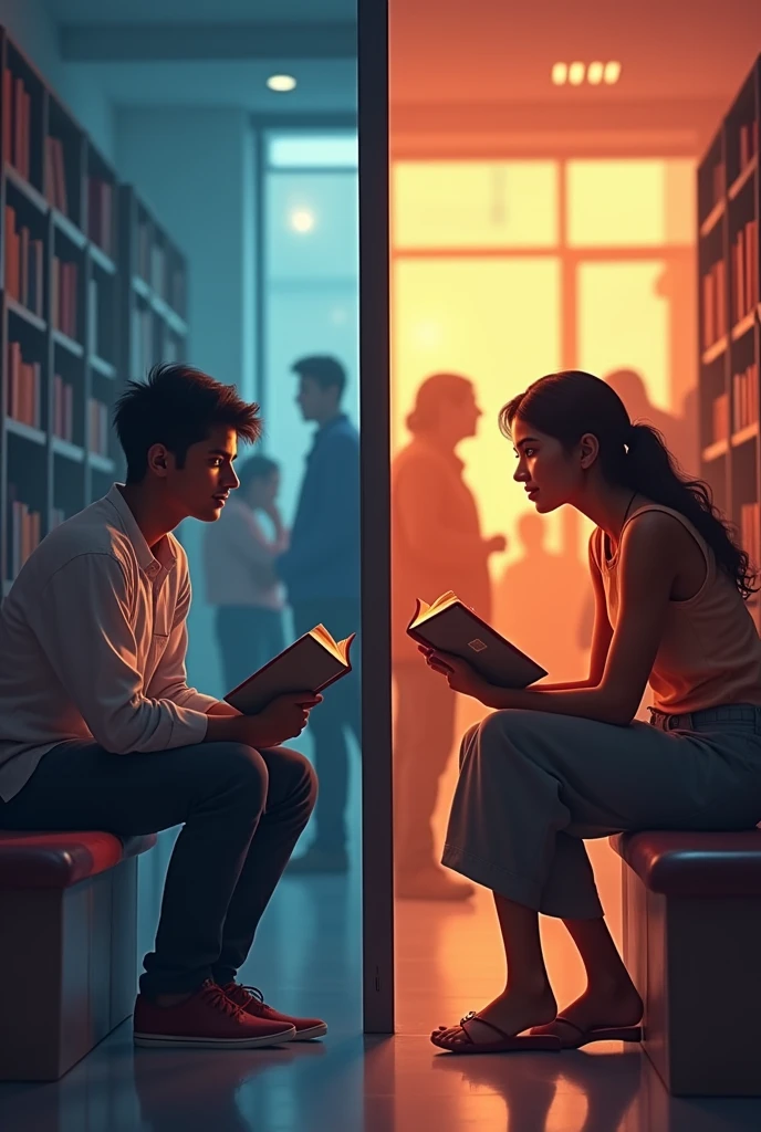 Akash was very shy, while Maya was very lively."
A split scene where on one side, Akash is sitting quietly in a library, looking at a book with a timid expression. On the other side, Maya is animatedly talking with friends in a bustling cafeteria, her expression full of energy and laughter.