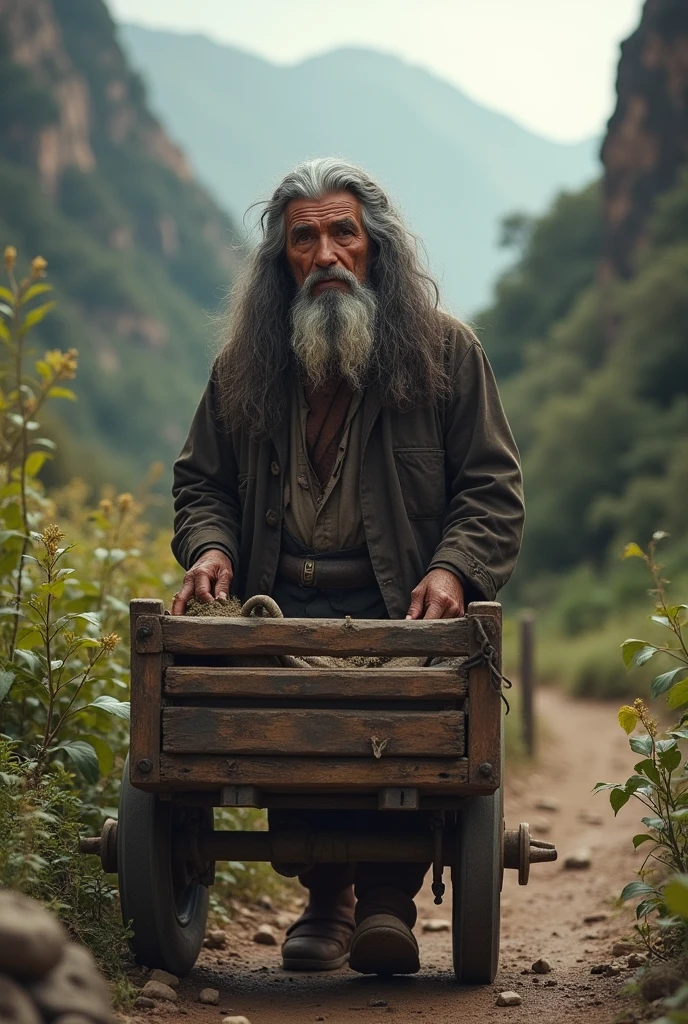 Elderly Mapuche man with long hair dragging a cart