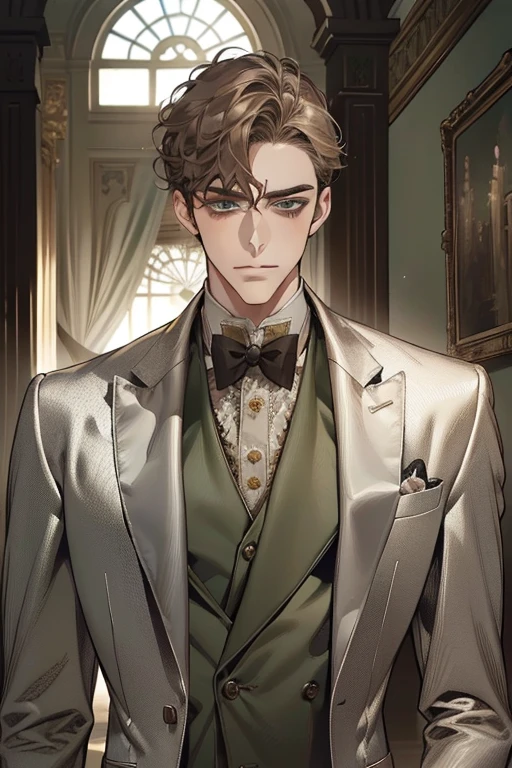 masterpiece, best quality, realistic, 1man, mature male, quiet and charming young man, 2, adorable, closed mouth, portrait, extremely detailed face, soft smile, CEO, mansion, ((dark green eyes)), ((short-sides-swept curly light brown hair)), [thick eyebrows], living-room, ((silver suit))