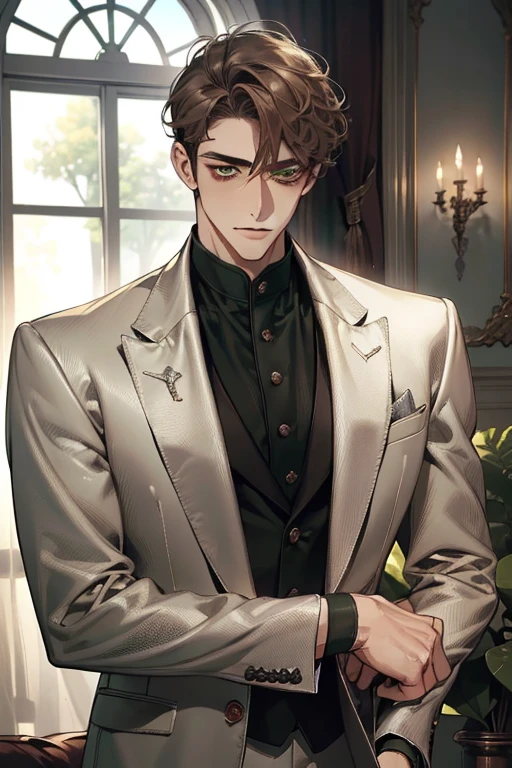 masterpiece, best quality, realistic, 1man, mature male, quiet and charming young man, 2, adorable, closed mouth, portrait, extremely detailed face, soft smile, CEO, mansion, ((dark green eyes)), ((short-sides-swept curly light brown hair)), [thick eyebrows], living-room, ((silver suit))