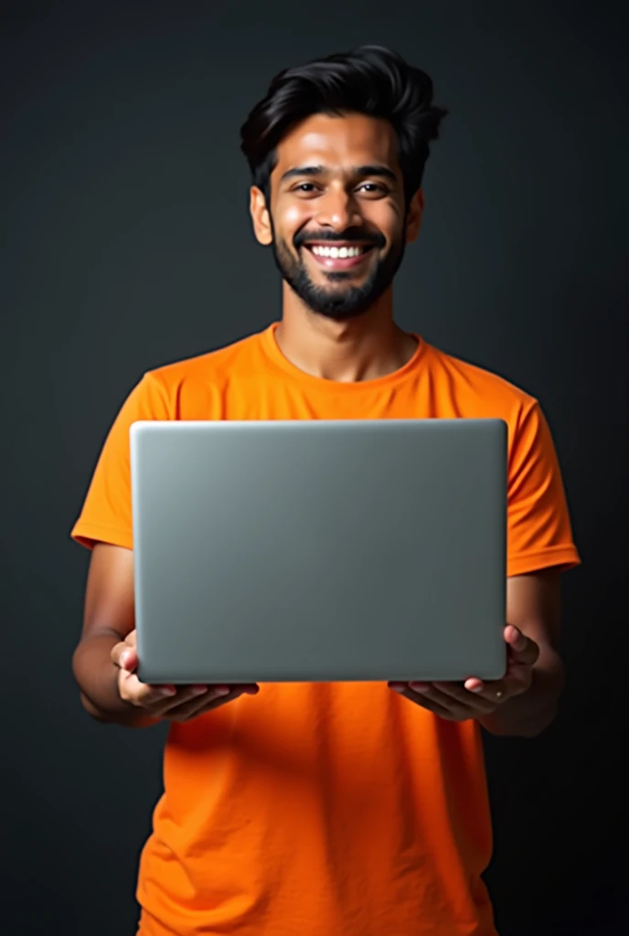 The image shows a young Indian white man with hair,smiling and holding up a laptop.He is wearing a orange shirt and appears to be happy and excited. The background is black