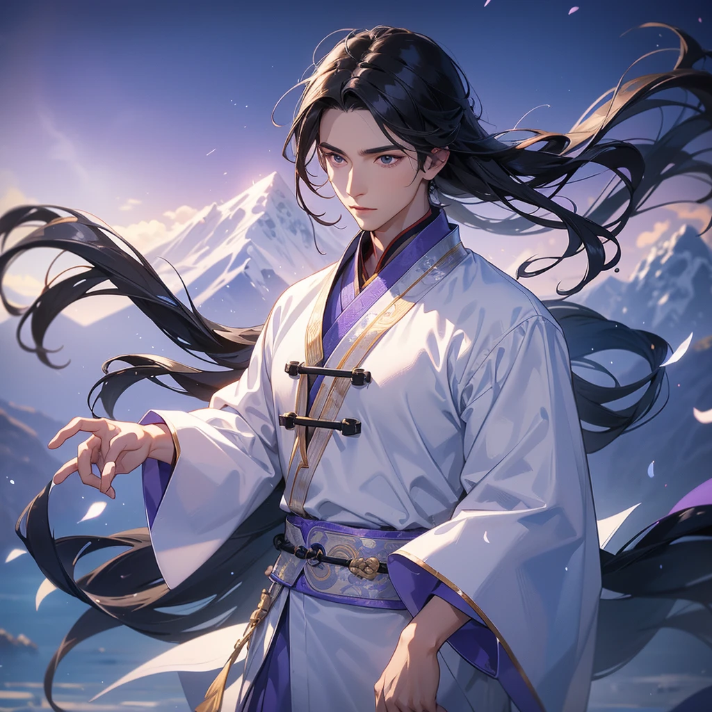 Handsome black-haired male in white ancient Chinese costume, strolling among by the lavender fields glowing blue, close up. playing the guzheng. background is the mountains and the sea. low cloud.