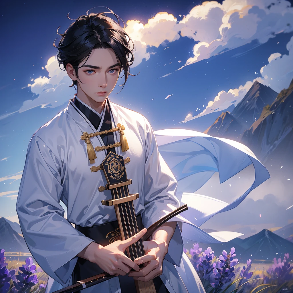 Handsome black-haired male in white ancient Chinese costume, strolling among by the lavender fields glowing blue, close up. playing the guzheng. background is the mountains and the sea. low cloud.