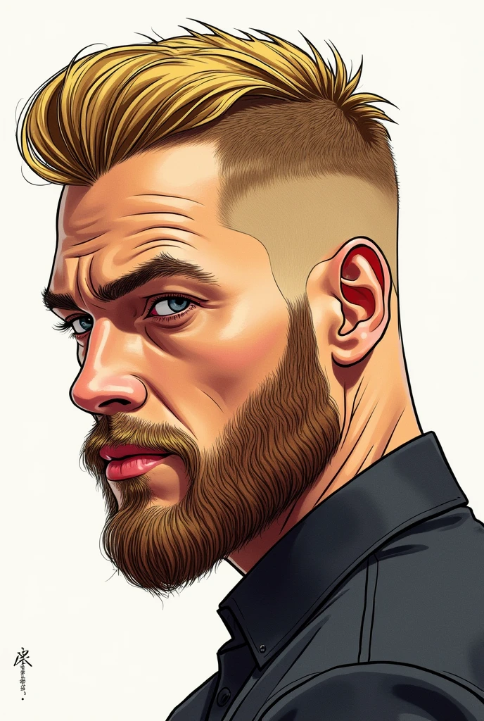 Man with well-defined face, beard and blond hair, drawn style, side face