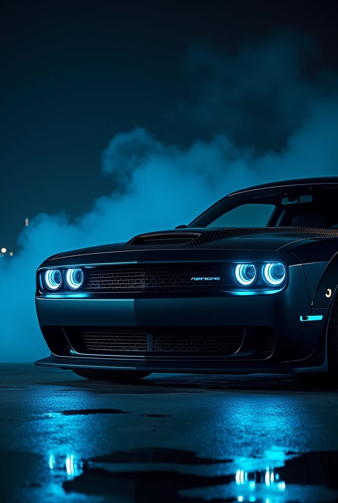 Dodge challenger hellcat redeye with mate black with carban emission at neo blue night background right side of car view