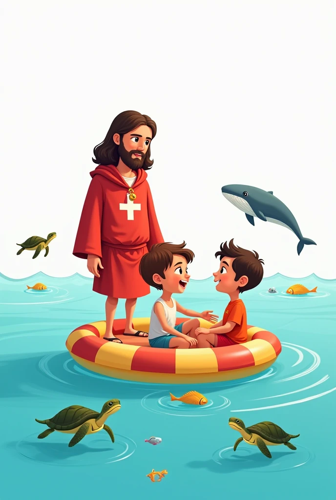 Make a cartoon art I want Jesus dressed as a lifeguard but without glasses in the sea, with 2 cute kids on the float.
Place turtles, fish and whale I want a white background I don&#39;t want a square image