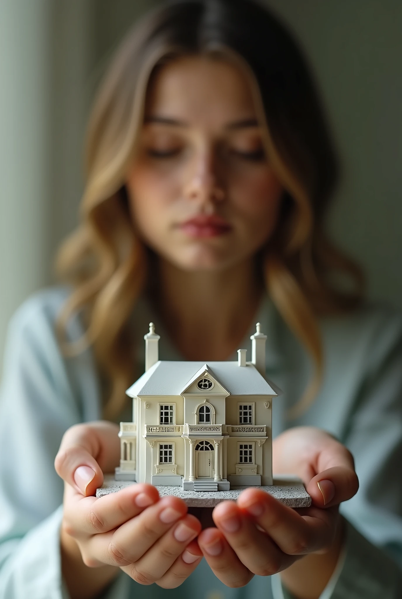 I need a picture of a villa, so small, to be held by a woman hand in her hands