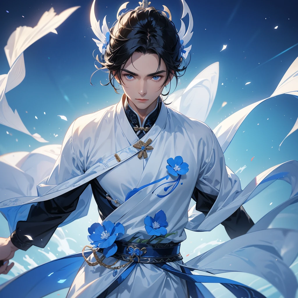Handsome black-haired male holding a large sword in white ancient Chinese costume, strolling among by the nemophila fields glowing blue,, close up.