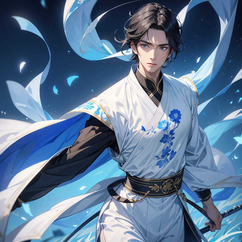 Handsome black-haired male holding a large sword in white ancient Chinese costume, strolling among by the nemophila fields glowing blue,, close up.