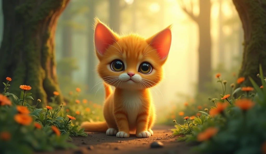 detailed yellow cat, 1 young child cat, cute, small, forest background, 50cm size, mythical world, (best quality,4k,8k,highres,masterpiece:1.2),ultra-detailed,(realistic,photorealistic,photo-realistic:1.37),hyper realistic