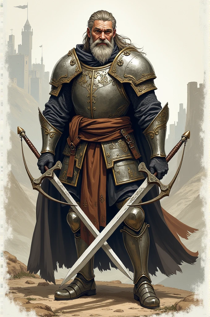 Sketch style drawing of a medieval fantasy character: Um homem de meia idade, long hair and short beard, wearing plate armor, with a sword in one hand and a light crossbow in the other 