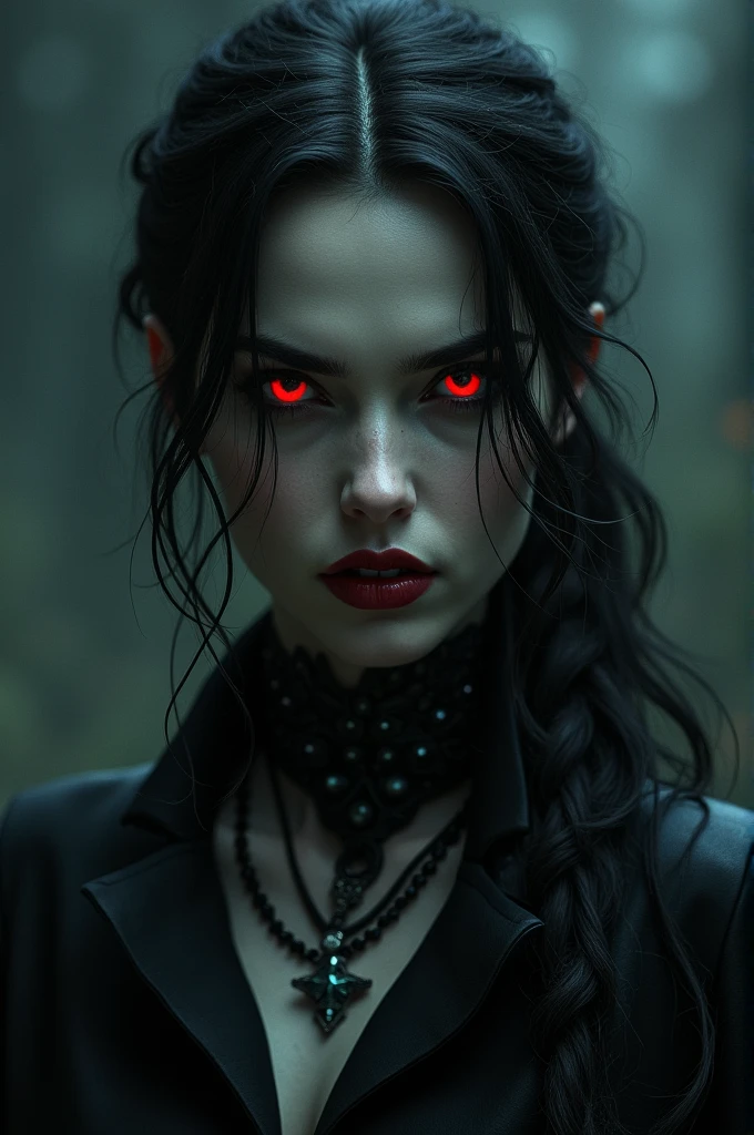 Très belle femme vampire avec des canines de vampire apparent et des yeux rouges, elle a  aussi des pouvoirs