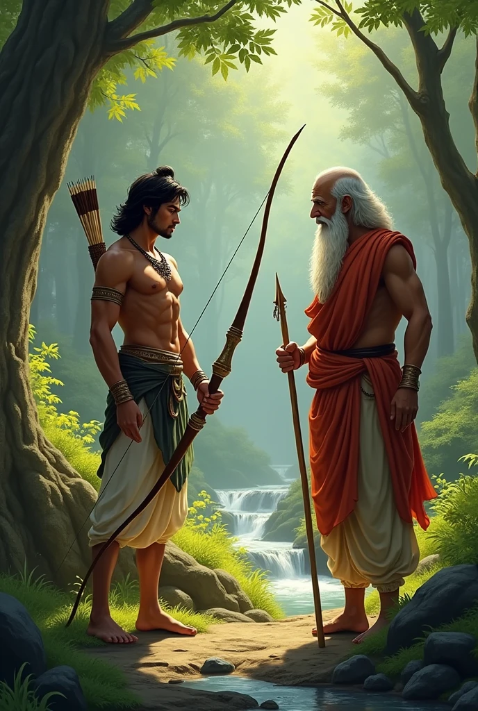 King arjuna with fit body with his 50 years old guru Dhronacharya in a forest with bow and arrow  