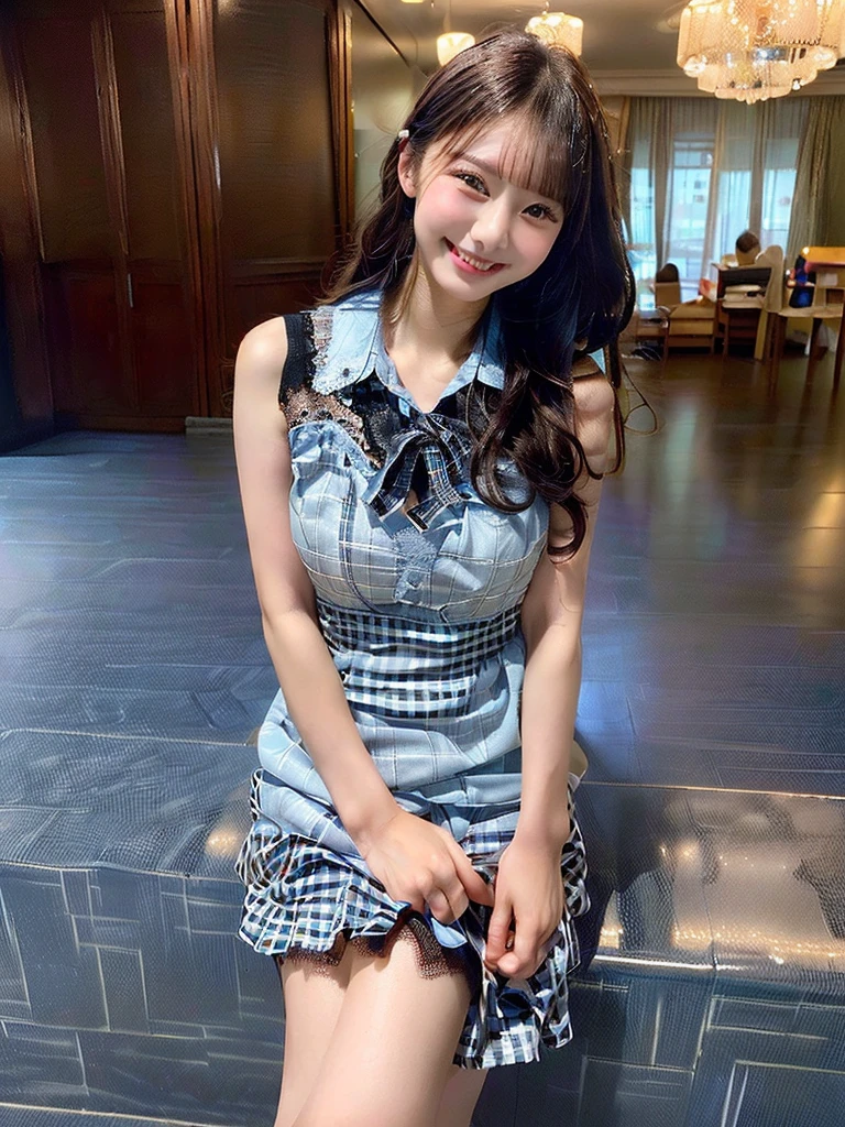 (Highest quality:1.5)、(masterpiece:1.5)、(8k:1.5)、(Big Breasts:1.35)、(A sleeveless dress with light blue checked lace:1.5)、(Slender:1.2)、(Blushing:1.5)、(Feeling embarrassed:1.5)、(smile:1.5)、(The background is the hotel:1.7)、whole body、Hotel Bed、(Erect nipples)、(Thin and beautiful legs:1.******ung face:1.5)、(Primary school students:1.5)、(Short:1.5)