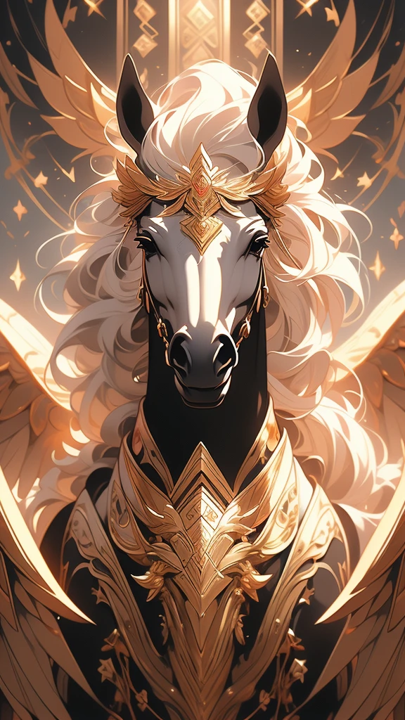 a close up of a black horse with gold and silver decorations, concept art by Yang J, trending on pixiv, fantasy art, mythical creature, golden and copper shining armor, with hooves and wings, black wings instead of arms, ((a beautiful fantasy empress)), exquisite and handsome wings, a mythical creature, as a mystical valkyrie, pink wings
