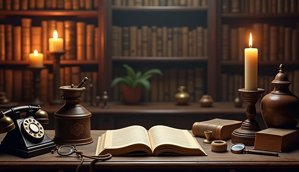 There is a candle and some vintage items on both sides of the table,Vintage telephone、magnifier、Glasses and other vintage items,Keep the middle of the desk blank 、Alchemist's Library Background, Magic Library, Exquisitely detailed miniature model, ancient library, Detailed scenery —width 672, High Detail photo, Small Library, Fantasy Alchemist's Laboratory, High Detail), gothic library, Ultra-detailed pictures, The wizard's apothecary, Gothic Epic Library, Magician's Chamber,Warm light atmosphere