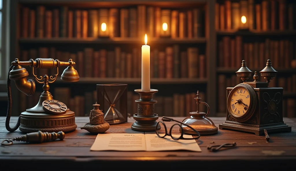 There is a candle and some vintage items on both sides of the table，Vintage telephone、magnifier、Glasses and other vintage items，Keep the middle of the desk blank 、Alchemist&#39;s Library Background, Magic Library, Exquisitely detailed miniature model, ancient library, Detailed scenery —width 672, High Detail photo, Small Library, Fantasy Alchemist&#39;s Laboratory, High Detail), gothic library, Ultra-detailed pictures, The wizard's apothecary, Gothic Epic Library, Magician&#39;s Chamber，Warm light atmosphere