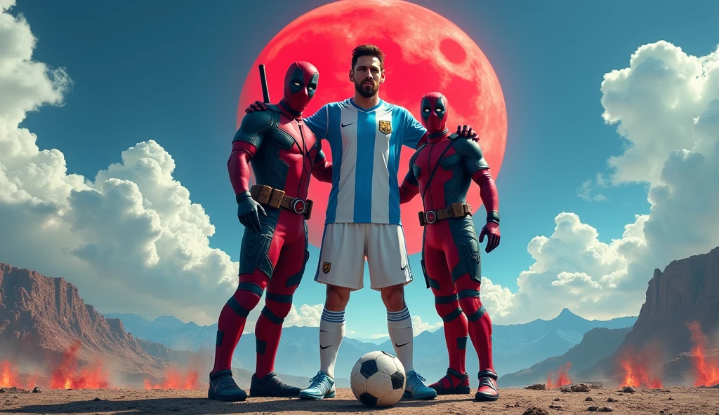 Generate an image showing Lionel Messi wearing the Argentina shirt alongside Marvel characters like Deadpool and Wolverine, In the background it must include an apocalypse and mountains in the background, under a blue sky with some fluffy clouds and a red moon . Messi must be holding a soccer ball on his left foot, while Deadpool and Wolverine are at his side hugging him