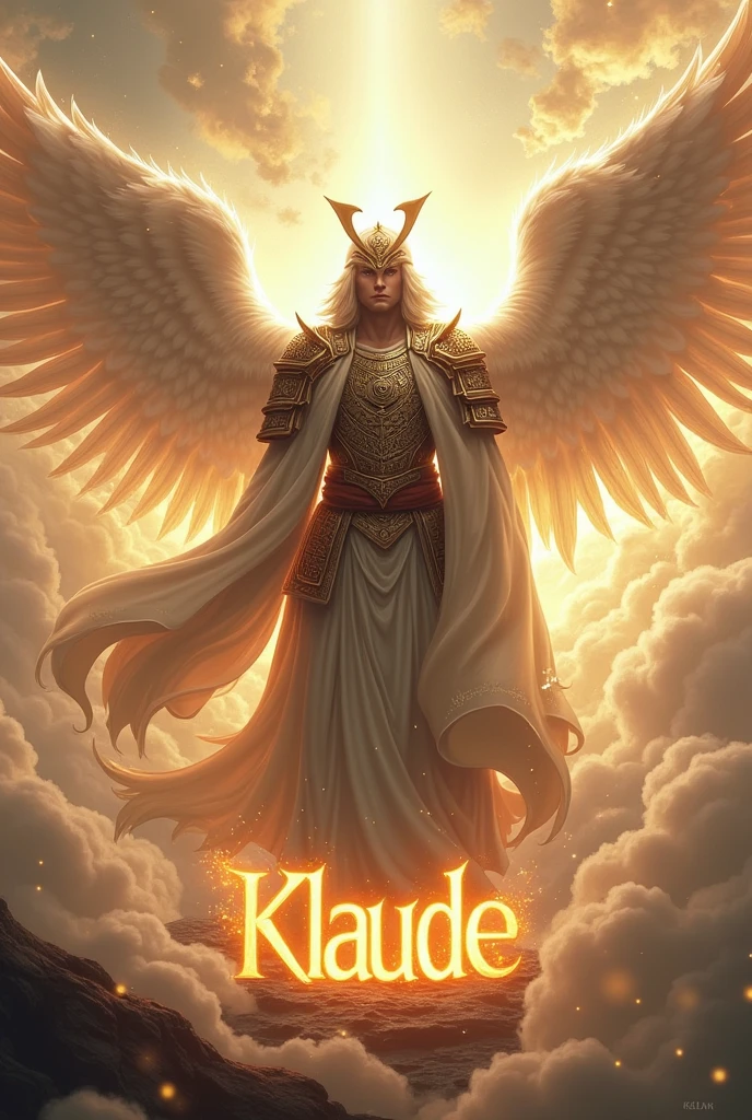 A samurai angel with a word KLAUDE on the bottom