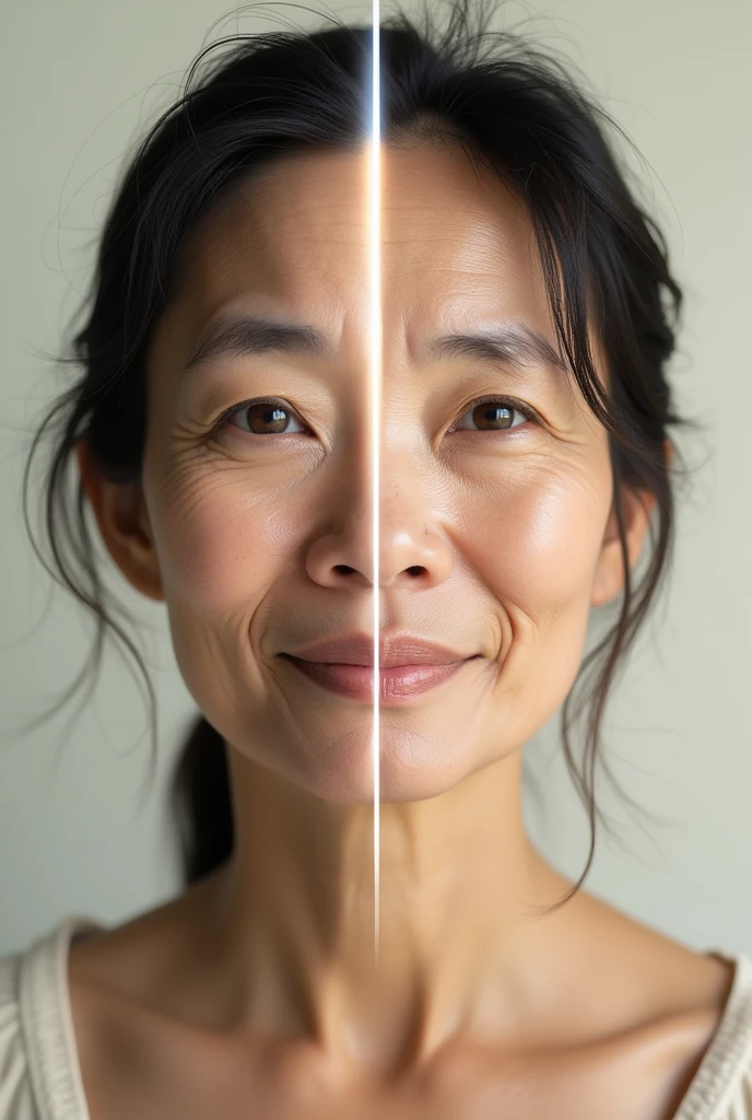 50 years old Vietnamese woman, with half a face full of wrinkles, Half of the face is smooth after undergoing skin rejuvenation treatment, The two sides are separated by a streak of light., frontal portrait, light cream background