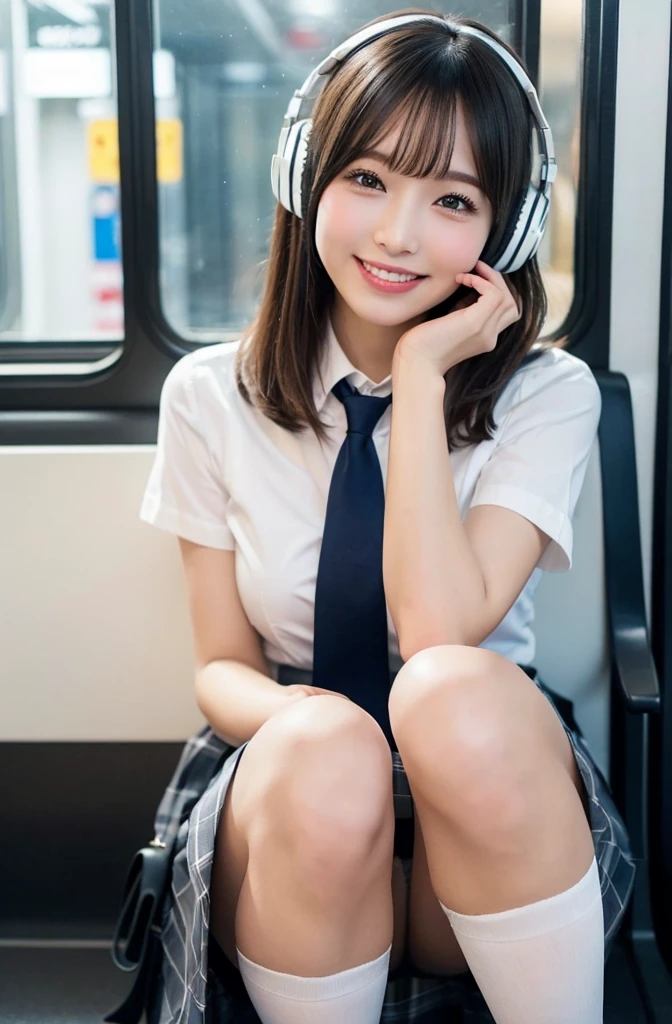（She spreads her knees to show her white panties:1.3)、(Tabletop:1.5)、(Highest quality:1.5)、(16k wallpaper:1.2)、(Photorealistic:1.2)、(Ultra-detailed:1.2)、(Ultra-high resolution:1.2)、Ultra-detailed肌、Beautiful eyes with attention to detail、Natural color lip、Sitting on a train、crowded train、(Spread your legs:1.2)、(Panty shot:1.4)、(Panties under skirt:1.4)、(avert your eyes:1.2)、Japan 1 Female、Grey checked short mini skirt、White short-sleeved uniform and high socks、(White headphones)、(A dark blue tie and a duffel bag)、Medium long bob hair、loafers、Big ample breasts、Smile