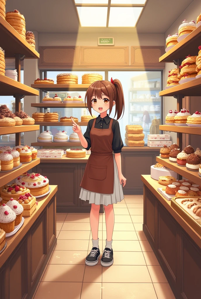 Large pastry shop with 8 shelves with cakes, cookies, sandwiches, cupcakes, pretty girl ponytail clear face brown hair, big eyes girl's smile black blouse and brown apron honey colored eyes white skirt black tennis shoes big table with flour