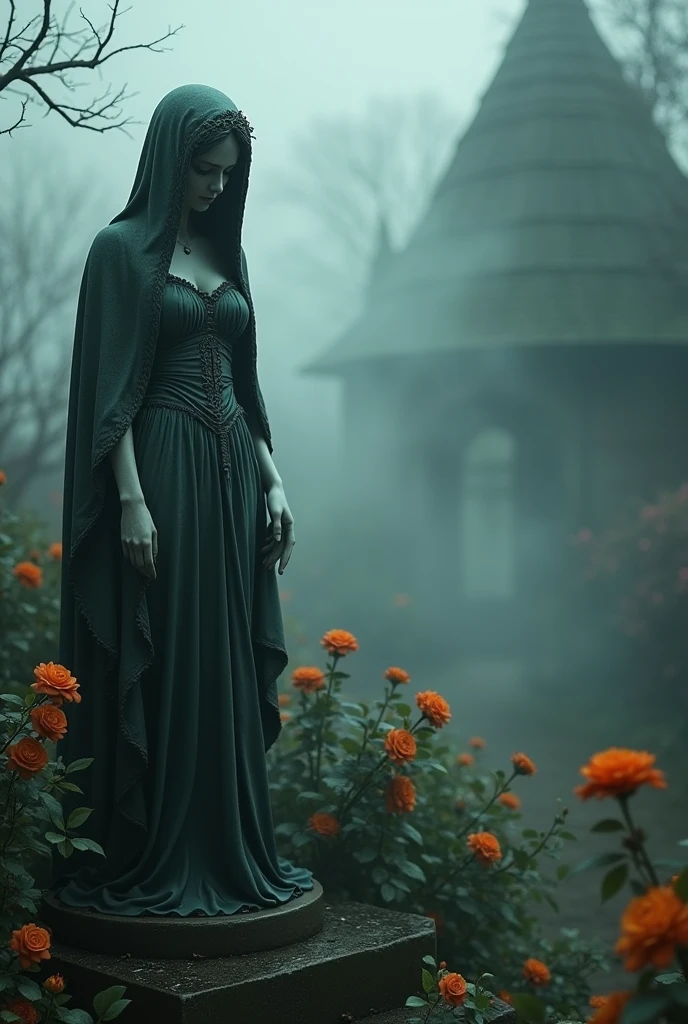 presents an enigmatic victorian garden, orange roses, gothic, rain and fog, halloween, full body, woman statue, weeping statue, angel of death, patina, swirling mist, thick fog, hyperdetailed, photorealistic, hyper realistic, cinematic lighting, volumetric lighting, intricate detail, unreal engine 5, in the style of pictorialism influence the (essence of Sophie Wilkins' fantastical, dark background, Peter Holme III's, and Pipilotti Rist's bold art). forms beings, abstract composition, fantastical illustrations, bold art, morphing shapes, while the surrounding darkness imbues the image with an air of mystery and secrets untold. lending an air of melancholy to this cinematic masterpiece.